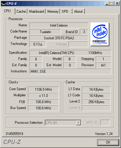 Данные CPU-Z о процессоре iCeleron Tualatin 1100 MHz