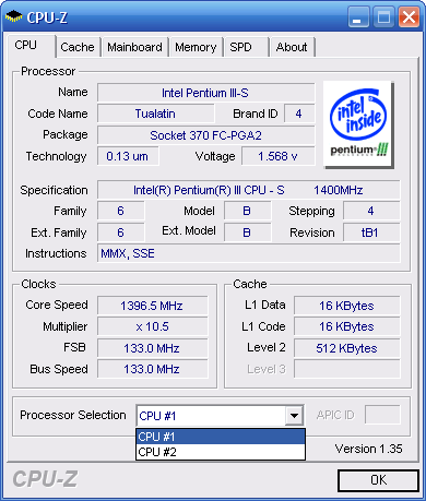 CPU-Z система ASUS P2B-DS, пункт CPU, наглядно видно использование 133 шины и наличие второго процессора