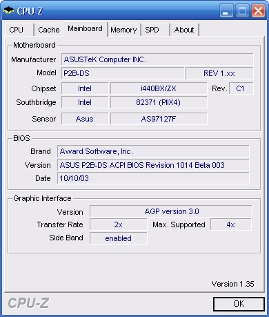 CPU-Z система ASUS P2B-DS, пункт Mainboard