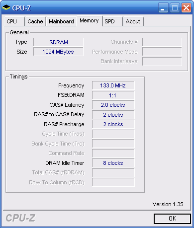 CPU-Z система ASUS P2B-DS, пункт Memory, установлено 1Гб памяти на 133 шине с минимальными таймингами