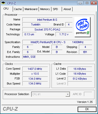 CPU-Z система ASUS TUSL2-C, пункт CPU, процессор без разгона 1,4 ГГц