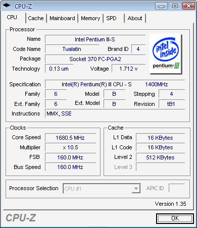 CPU-Z система ASUS TUSL2-C, пункт CPU, процессор разгнан до 1,68 ГГц