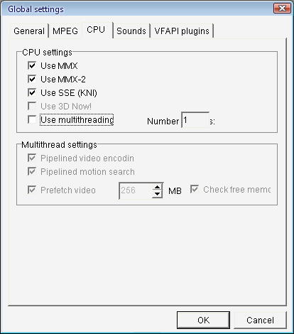 установки опций CPU в прграмме TMPGEnc (без поддержки SMP)