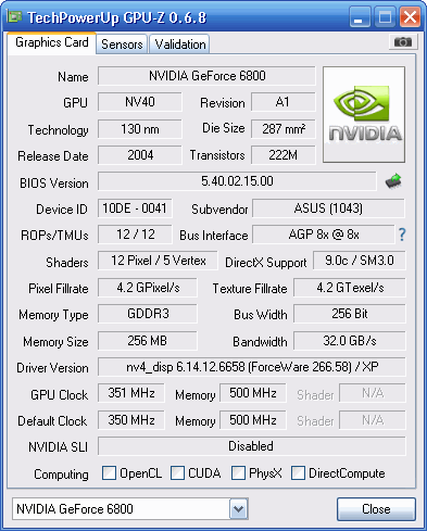 GPU-Z GeForce 6800GS Reference