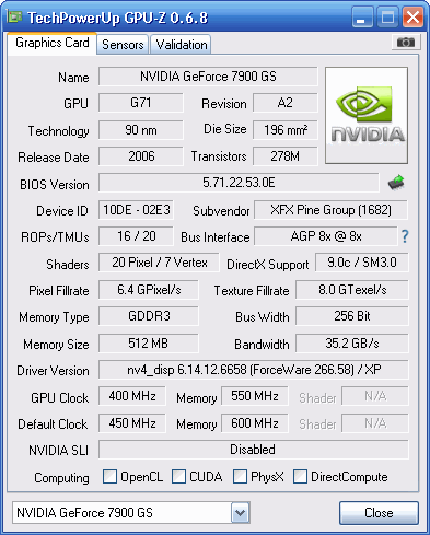 GPU-Z GeForce 7900 GS AGP @6800 Clock Only