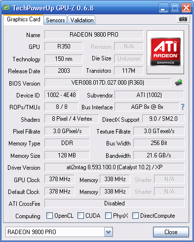 GPU-Z Radeon 9800 Pro